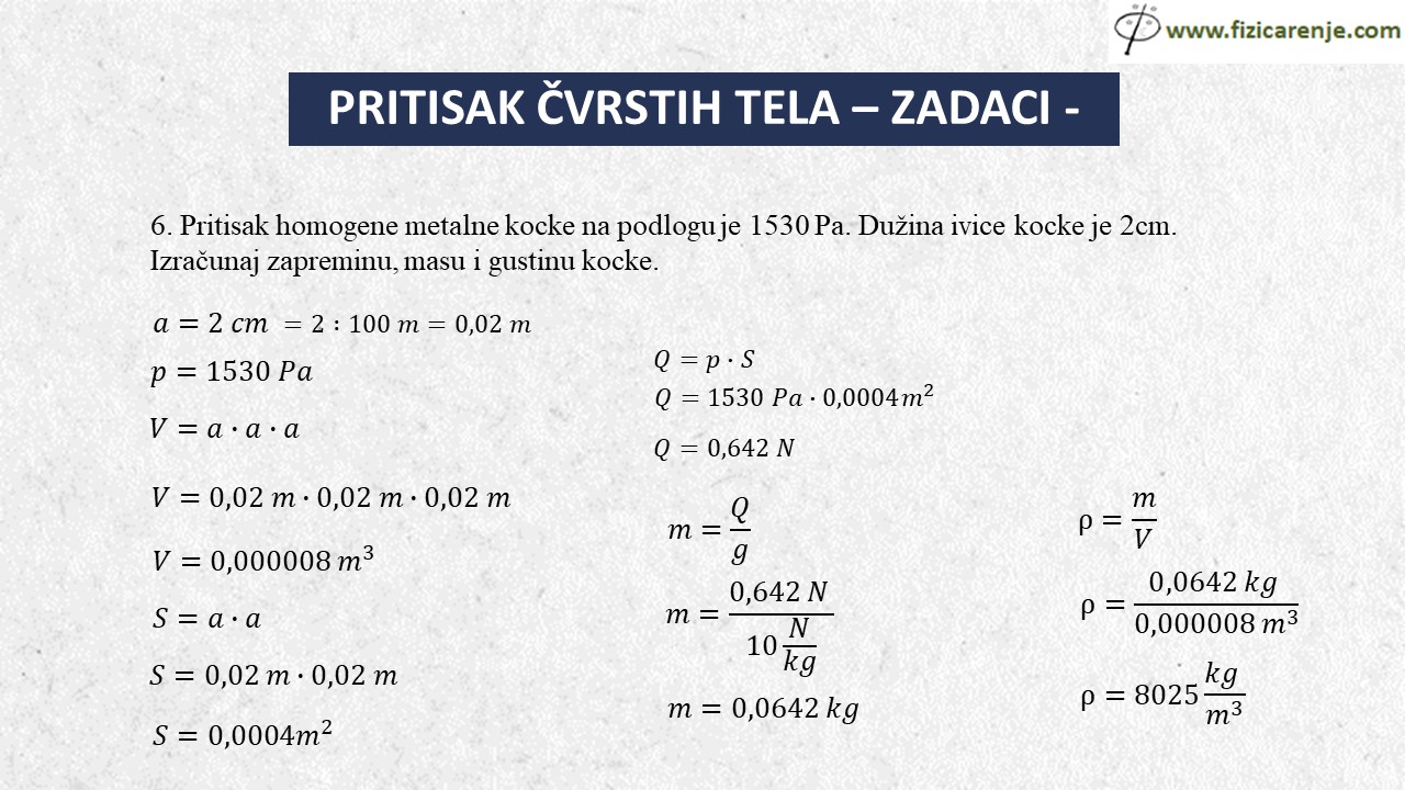 pritisak čvrstih tela zadaci